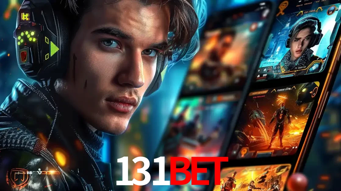 Jovem jogador com fones de ouvido olhando para a câmera, com um aplicativo de jogos e e-sports para celular ao fundo, pronto para a competição e apostas no 131bet.