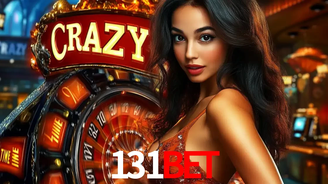 Mulher glamourosa olhando para a câmera com a roda vermelha do Crazy Time ao fundo em um ambiente de cassino, destacando a emoção dos jogos ao vivo no 131bet.