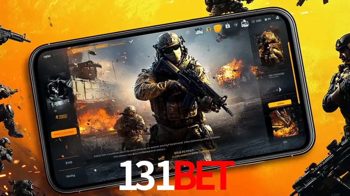 Um smartphone exibindo a interface de um jogo de tiro em primeira pessoa, com um soldado em um cenário de batalha, representando a ação dos e-sports para apostar no 131bet.