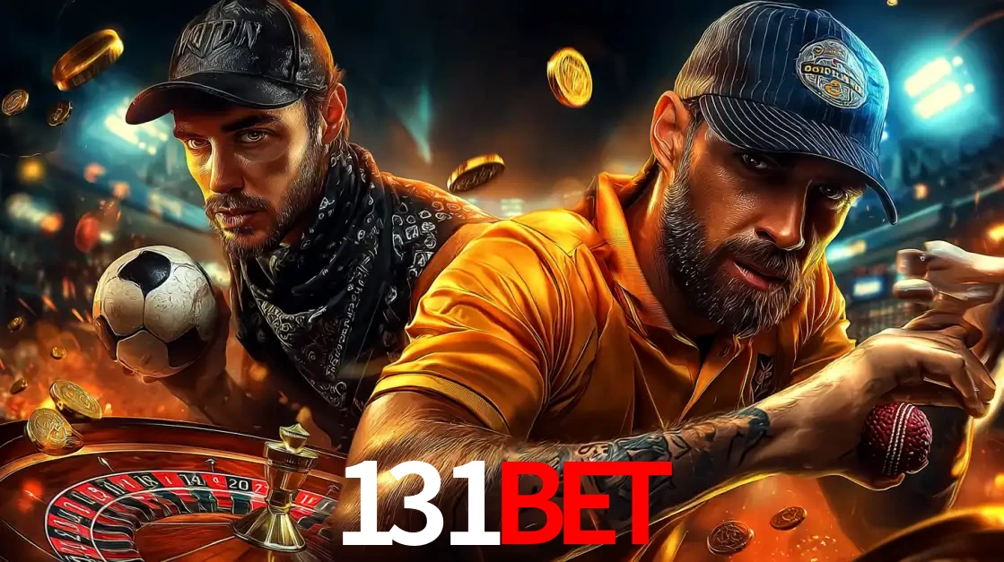 Montagem de apostas esportivas e cassino no 131bet, com um homem segurando uma bola de futebol e outro uma de beisebol sobre uma roleta e moedas voadoras.