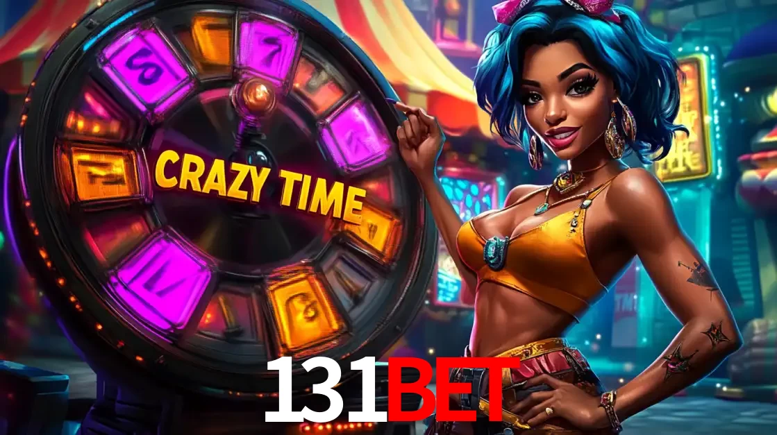 Mulher estilizada com cabelo azul e visual vibrante posando ao lado da roda de prêmios do game show Crazy Time, convidando para a diversão e os bônus do cassino 131bet.
