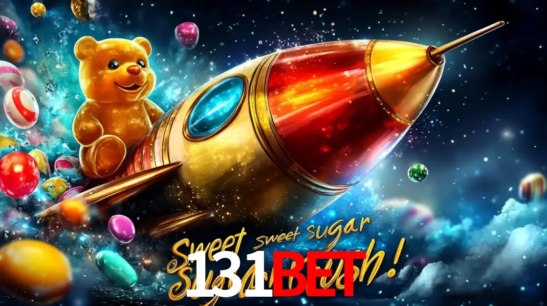 Arte promocional do jogo de slot Sugar Rush, com um urso de pelúcia em um foguete viajando pelo espaço de doces, um dos jogos divertidos disponíveis no cassino 131bet.